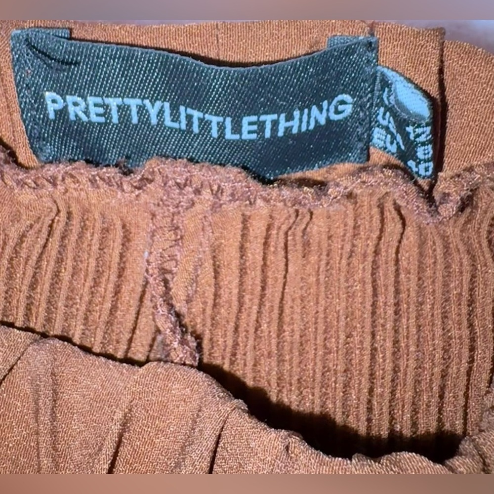 PrettyLittleThing Chocolate Plisse Woven Wide Leg Trousers Size US 8 - Picture 4 of 6